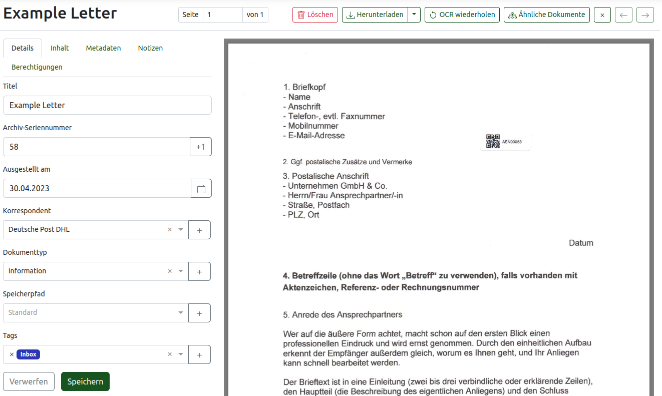 Screenshot of the example letter inside paperless. Inbox Tag and ASN 58 is set.